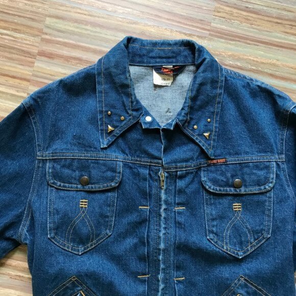 Three Bars Denim Jean Zip Front Jacket Gold Stud Detail Vintage Made in Canada - Picture 5 of 10